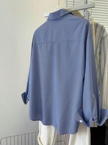 INAWLY Women's Striped Long Sleeve Single Breasted Blue Casual Shirt