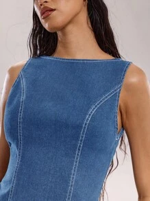 SHEIN BAE Women's Sleeveless Backless Denim Crop Top With Topstitching