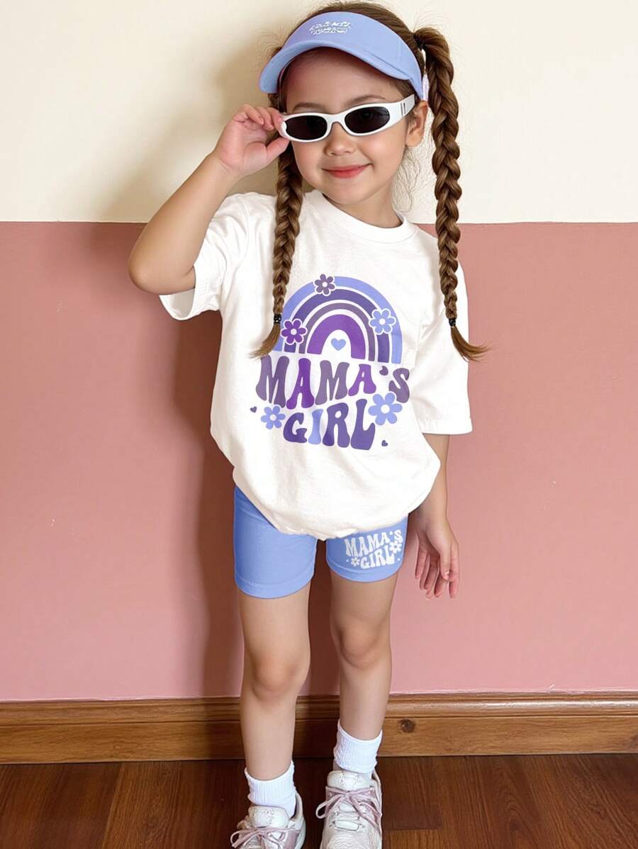 SHEIN 2 件年轻女孩休闲简约短袖上衣和短裤套装，适合夏季 - 彩色 - 查看 1