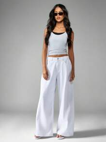 MISSGUIDED Relaxed Wide Leg Palazzo Style Denim Bottoms Trousers With Side Pockets Contemporary Design Breathable Everyday Bottoms Summer Spring Fashion