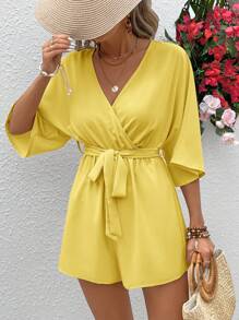 Vivid Eden 女式 V 领交叉裹身束腰花卉纹理面料休闲度假连体衣