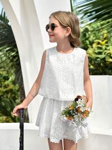 SHEIN 青少年女孩休闲假日编织刺绣纯色圆领不对称下摆上衣和 A 字裙 2 件套 - 白色 - 查看 6
