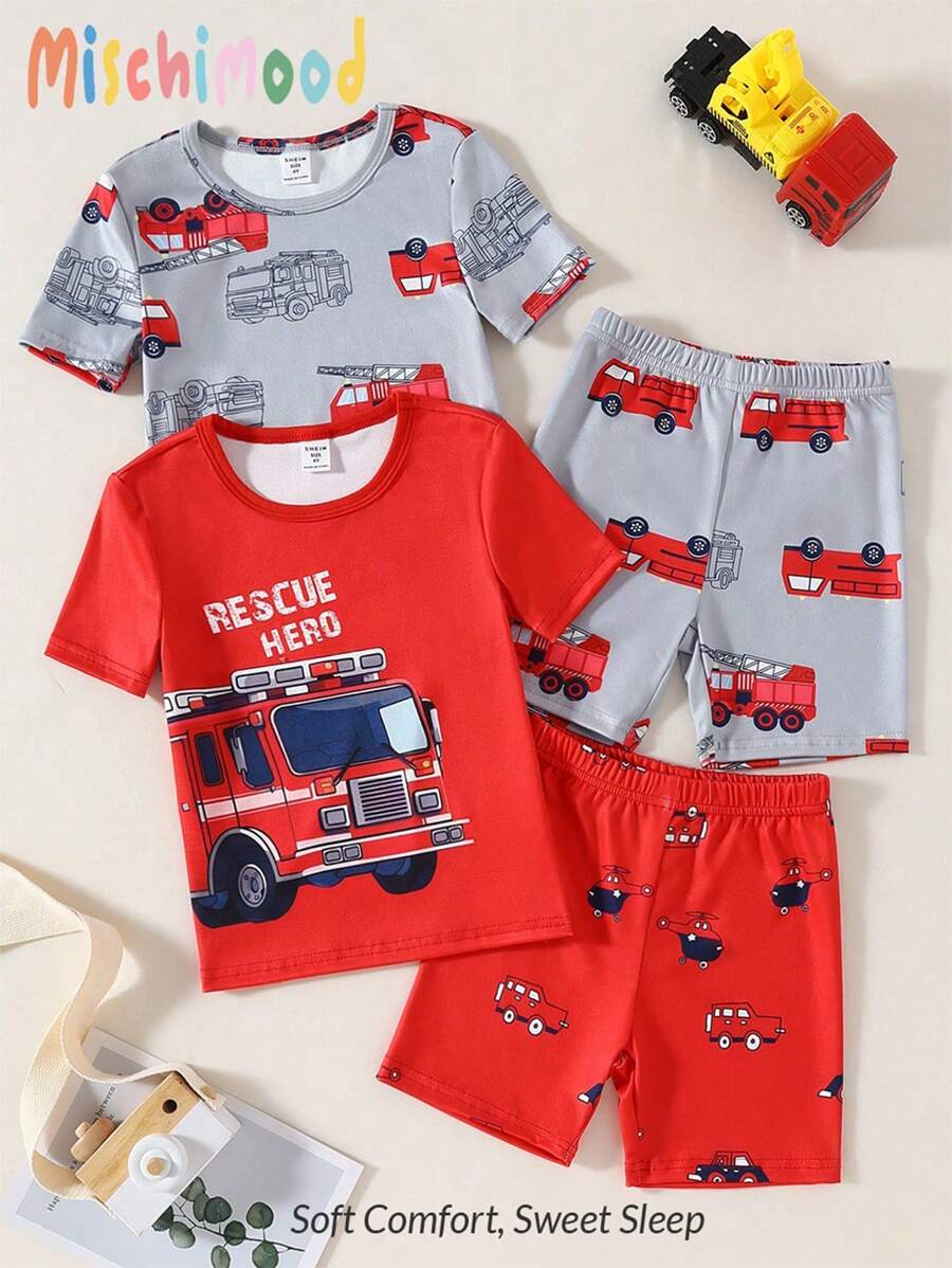 SHEIN 4pcs Young Boy Cartoon Car Print Soft & Stretchy Knit Short Sleeve Top & Shorts Sleepwear Set - Multicolor - View 1