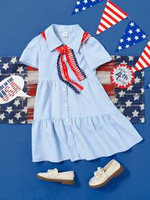 SHEIN Mädchen Kleinkind gestreiftes Kurzarm-Kleid mit Schulterpolstern, europäisch-amerikanischer Stil, geeignet für den Unabhängigkeitstag