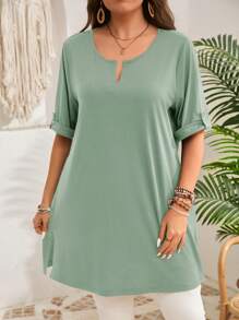 EMERY ROSE Women Plus Size Early Spring Short Sleeve Long Olive Green T-Shirt - Mint Green - View 6