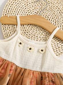 Young Girl Floral Print Mesh Panel Spaghetti Strap Vacation Dress