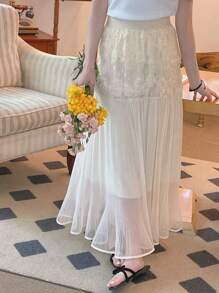 DAZY 3D立体花卉装饰弹力腰褶皱雪纺A字裙，休闲女装 - 杏色 - 查看 3