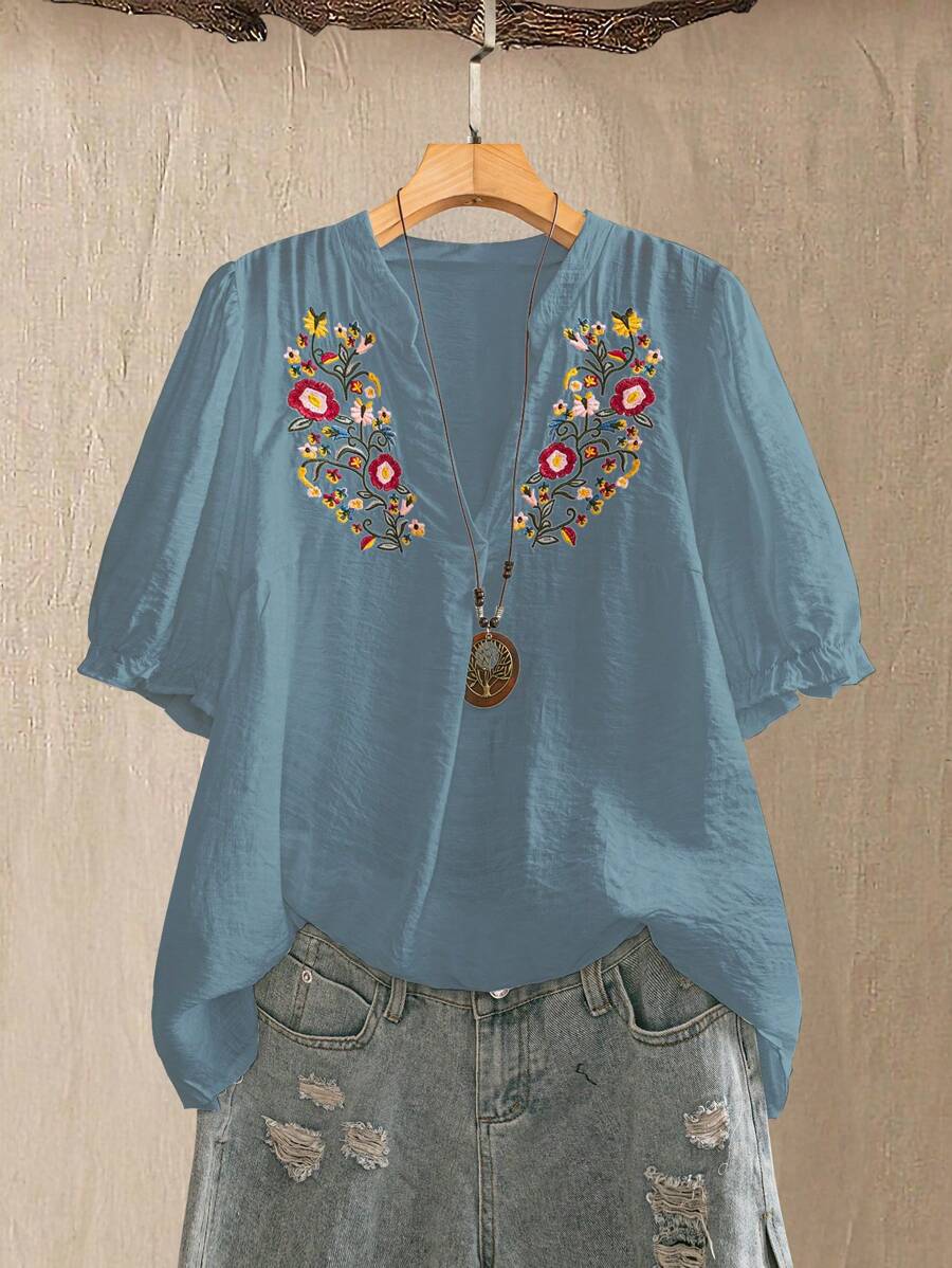 Linhara Blusa con manga abullonada con bordado y estampado floral para mujer talla extra - Azul - Ver 1