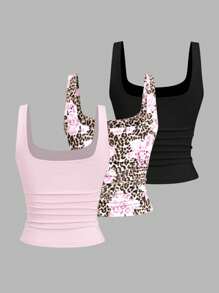 Sweetra Women Casual Square Collar Ruffle Camisole Tank Top, Summer - Multicolor - View 2