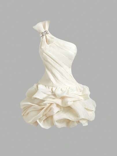 SHEIN MOD Vestido mini de organza con pliegues y peplum en color albaricoque para mujer