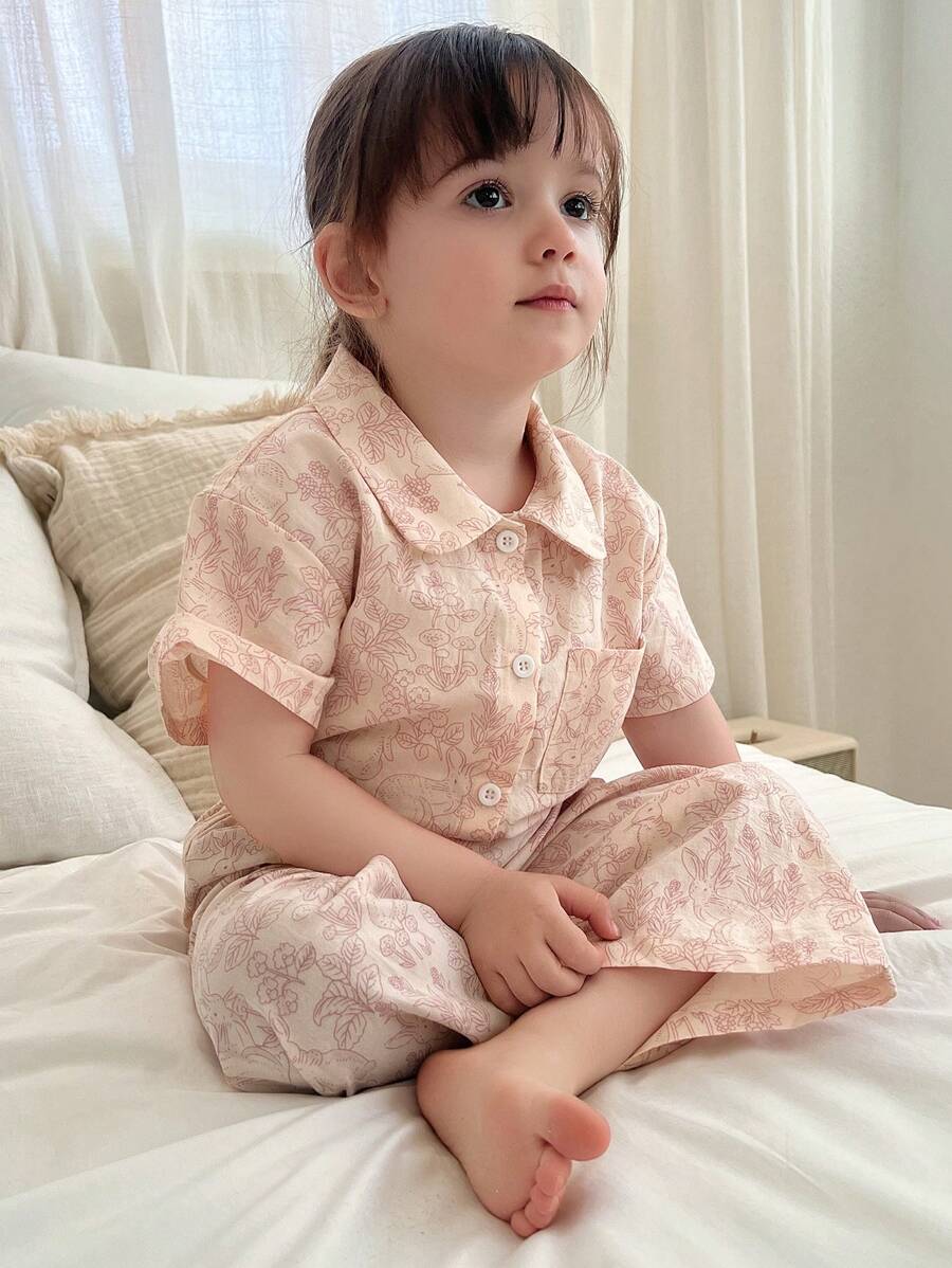 Hapijoa Bộ đồ ngủ quần dài in họa tiết hoa dễ thương cho bé gái mùa hè - Màu Hồng baby - Xem 1