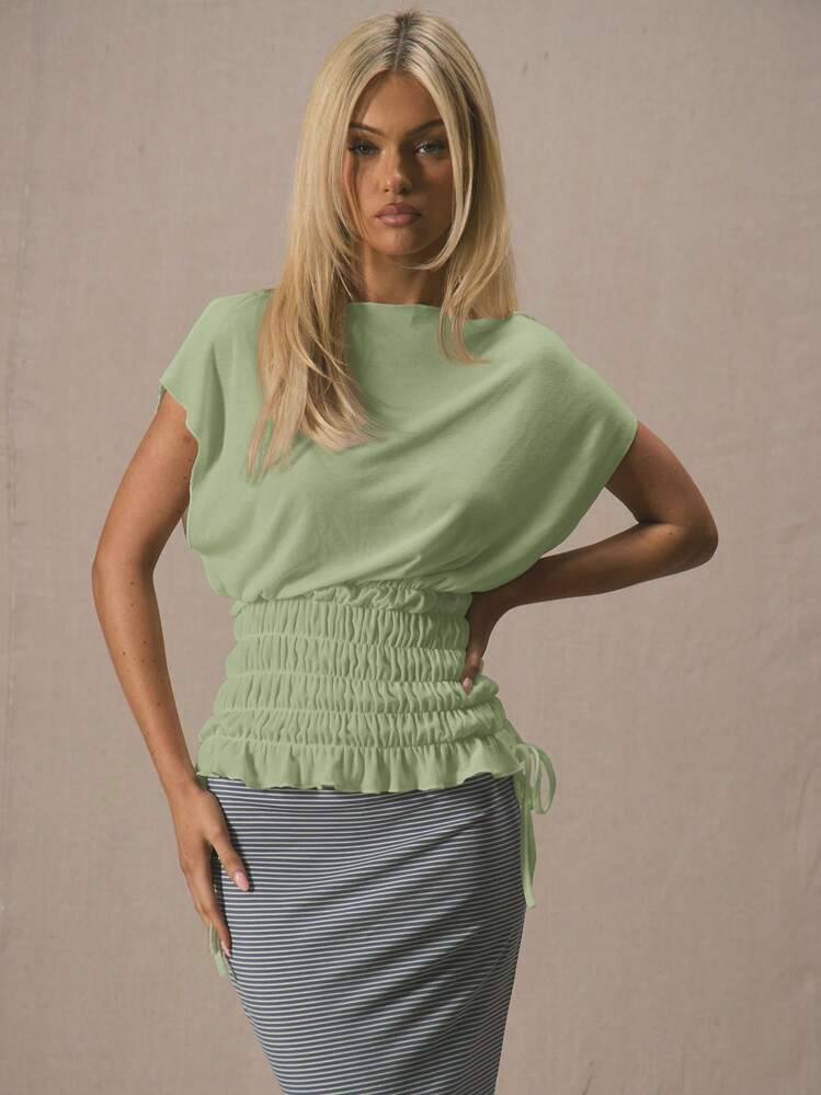 MUSERA 斜领收腰系带针织上衣，春夏可爱度假日常胶囊衣橱机场假日可爱秋季款 - 綠色 - 查看 1