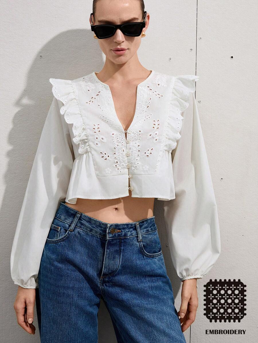 SHEIN Privé New French Fashion Vacation Youthful Minimalist Versatile Casual Round Collar V-Neck Design Embroidery Lace Panel Ruffled Loose Hem Short Long Sleeve Women Blouse Fall Cloth For Women