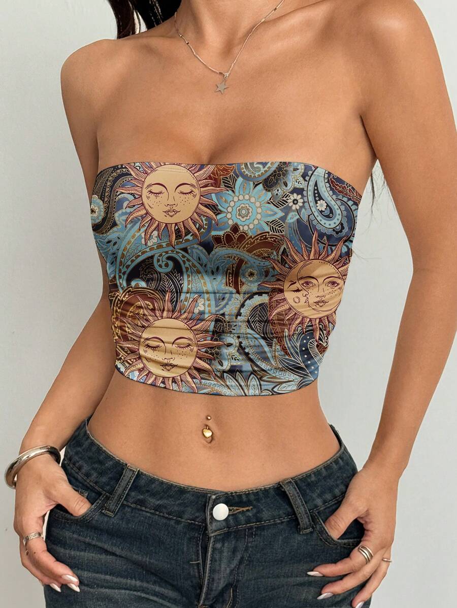 SHEIN EZwear Áo Bandeau in họa tiết hoa hạt điều và Paisley cổ điển giản dị, tối giản, phong cách Grunge, đa năng cho mùa hè, kỳ nghỉ, lễ hội âm nhạc - Nhiều màu - Xem 1