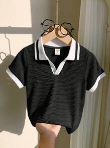 年轻男孩运动休闲拼色短袖 Polo 衫，带装饰细节，适合通勤、上学、日常休闲、度假、旅行、适合运动、适合儿童、男生学校、家庭搭配、生日派对、适合日常、适合上学、适合运动、春夏季 - 黑色 - 查看 7