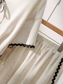 CosyJoli 2 pezzi/Set Camicia con orlo ondulato comoda e casual in colore contrastante con taschino e pantaloncini corti, taglie grandi - Albicocca - Visualizzare 3