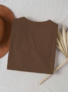 INAWLY Áo thun nữ dáng ôm, in họa tiết số Time, mùa hè - màu nâu - Xem 2