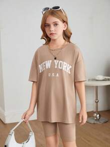 SHEIN 2 件套青少年女孩休闲字母印花宽松短袖 T 恤和骑行短裤套装 - 卡其色 - 查看 11