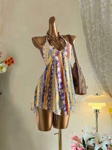 Attitoon 复古风格黄蓝对比条纹图案休闲度假性感可爱 Y2K Coconutgirl 波西米亚音乐节简约女式背心，适合夏季 - 彩色 - 查看 8