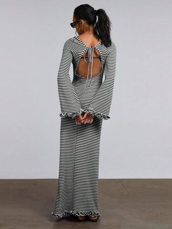 Athîral 女式条纹长袖露背系带超长连衣裙