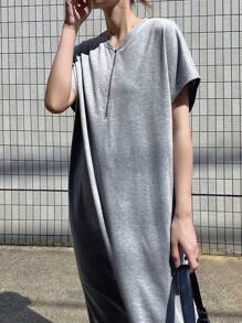 FRIFUL Vestido largo de verano holgado de unicolor con cremallera metálica casual para mujeres, vestido de graduación para damas - Gris Claro - Ver 7