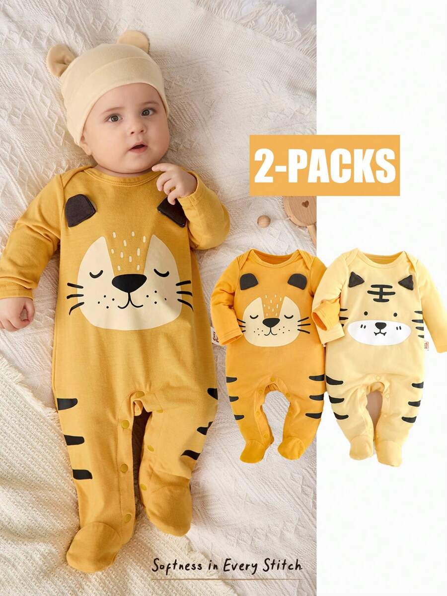 Cozy Pixies Conjunto de 2 piezas para bebé recién nacido niño/niña con estampado de animales de dibujos animados, de punto suave con cuello redondo y manga raglán - Amarillo - Ver 1