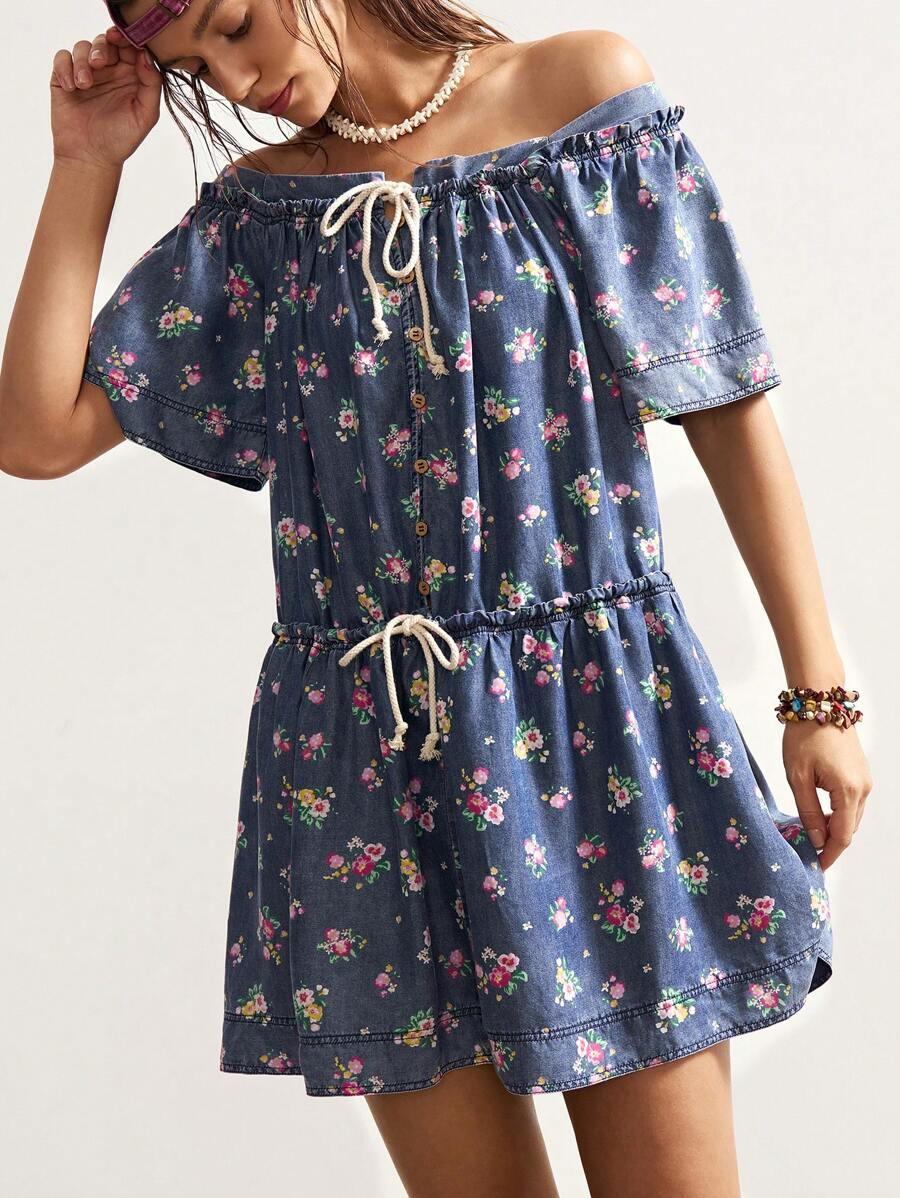 Bohemela Đầm mini tay ngắn in họa tiết dệt đơn giản cho nữ - Màu xanh lam - Xem 1