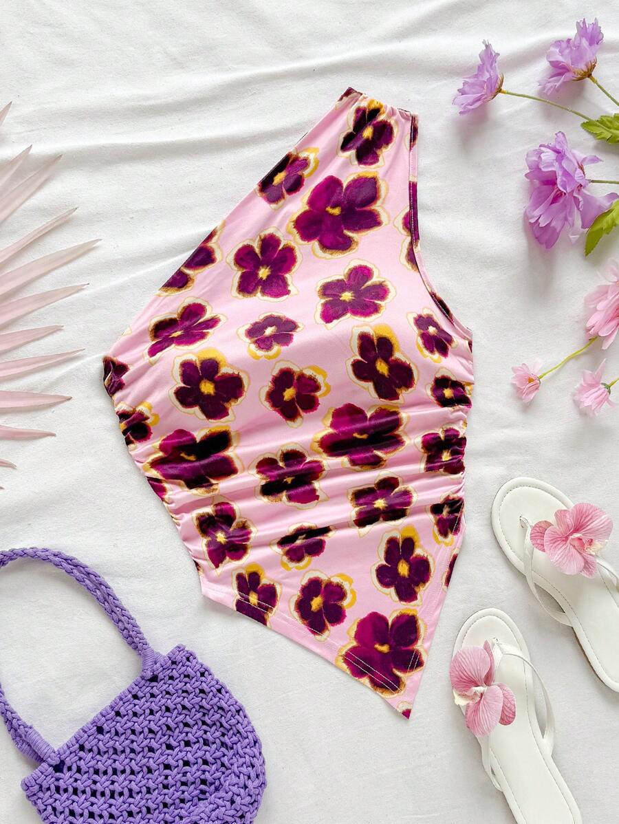 Soleia Stylish Asymmetrical Neck Print Tube Top, Sexy Bodycon Ruched Criss-Cross Front Bikini Top - Pink - View 1