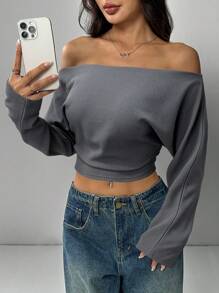 SHEIN EZwear 大码纯色简约露肩运动衫，日常穿着 - 灰色 - 查看 4
