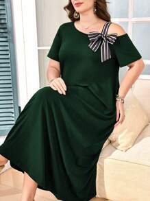 SHEIN Lacomfia Đầm tay ngắn cổ lệch kẻ sọc trang trí nơ cỡ lớn cho nữ - Màu xanh lá cây đậm - Xem 6