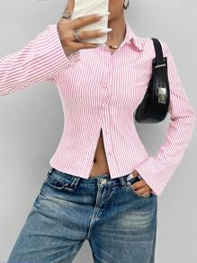 Chiquease 法式修身蓝白条纹优雅优雅办公室休闲长袖女衬衫 - 粉色 - 查看 4