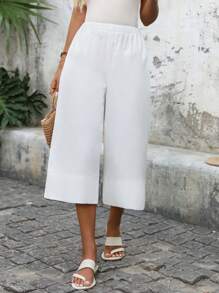EMERY ROSE Quần Palazzo trơn màu dành cho nữ, quần Capri màu trắng mặc thường ngày, đi nghỉ hè, quần mùa hè cotton 100% dành cho nữ - trắng - Xem 5