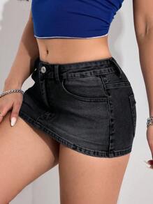 SHEIN PETITE 女式口袋紧身休闲牛仔裙 - 黑色 - 查看 7