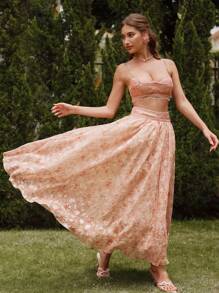 Savoree 2pcs Set: Elegant Women's Summer Vacation Outfit - Camisole Top With Lace-Up Back & Lattice Weave Pattern; Paired With Long Floral Lattice Weave Skirt - Dusty Pink - View 4