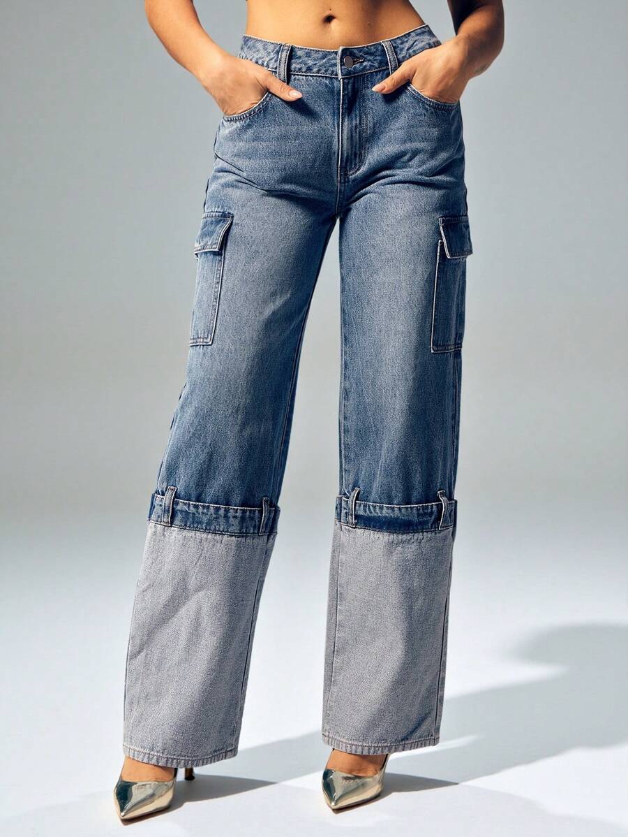 Denimoi High Cuffed Straight Leg Denim Jeans Fashionable - Medium Wash - View 1