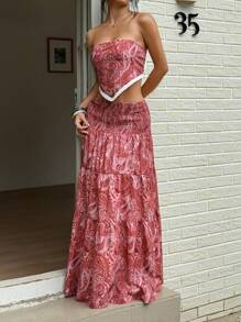 Sunnyshic 女式休闲度假波西米亚风佩斯利印花低腰长裙，夏季 - 紅色 - 查看 5