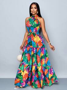 SOLERSUN 女士时尚全花卉印花挂脖长裙，配腰带，飘逸度假风 - 彩色 - 查看 7