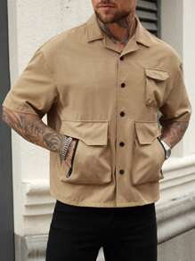 Manfinity Homme Men's Casual Solid Color Zip-Up Pocket Shirt - Yellow - View 6