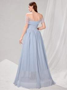 Poshira Women's Solid Color Mesh Off Shoulder Ruched Metallic Flower Decor Elegant Formal Evening Gown - Blue - View 2