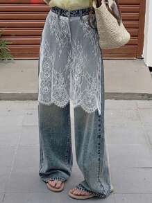 DAZY Washed Loose Wide Leg Contrast Lace Skirt With Denim Look Pants, All Seasons Women Jeans - Light Wash - View 1