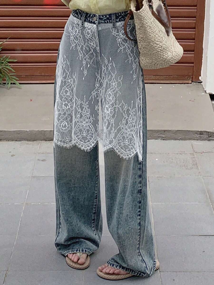DAZY Washed Loose Wide Leg Contrast Lace Skirt With Denim Look Pants, All Seasons Women Jeans - Light Wash - View 1
