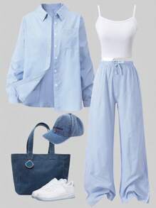 SHEIN Casuvi Kids 2 件青少年女孩条纹宽松上衣和直腿裤休闲套装