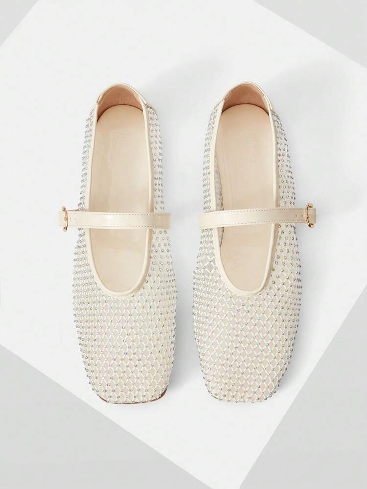 SQUARE TOE RHINESTONE FLAT SANDALS