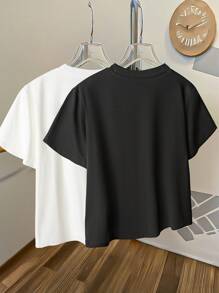 SHEIN Clasi Plus Size Women Rhinestone Flower Decor Solid Color Crew Neck Short Sleeve T-Shirt, Summer Women - Black and White - View 2