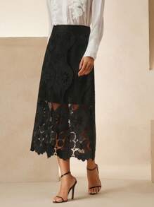 Anewsta Elegant Ladies' Lace Hollow Out Skirt Maxi Skirt - Black - View 5