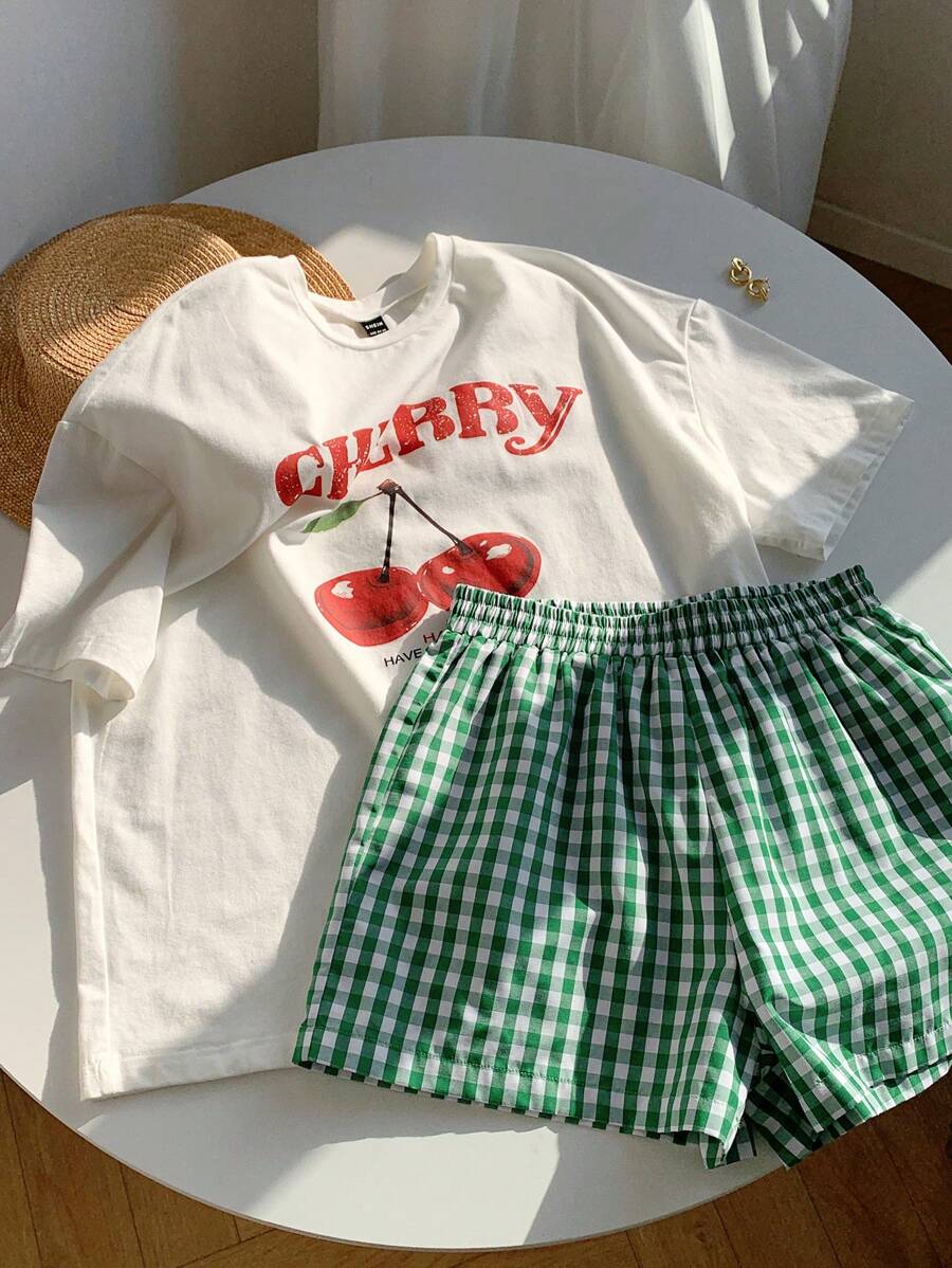 Comfortcana 全新夏季女式樱桃印花两件套日常穿搭 - 綠色 - 查看 1