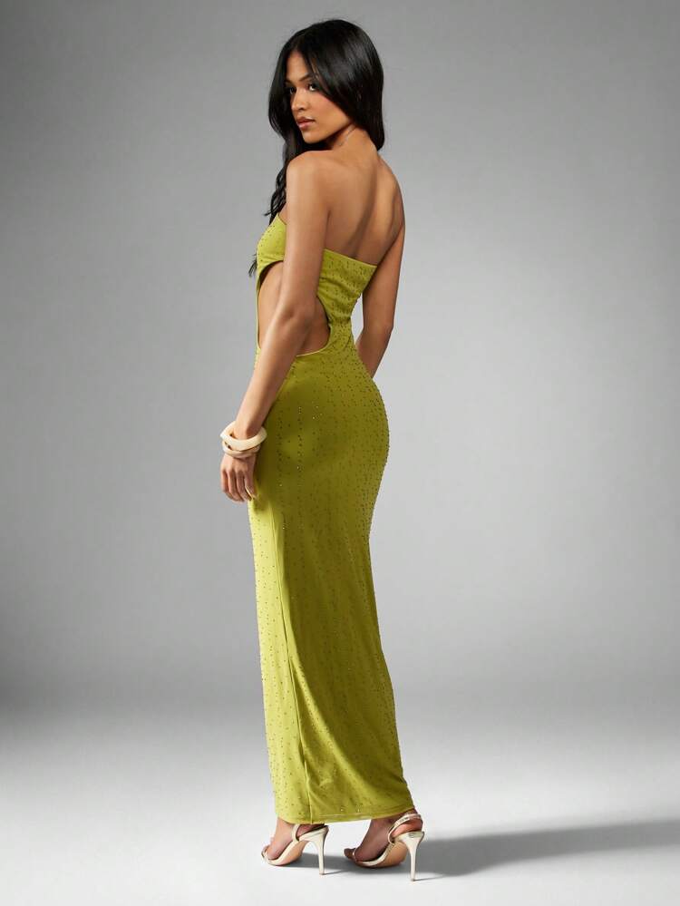 MISSGUIDED Hot Fix Rhinestone Strapless Gown Cut Out Side Design Bodycon Maxi Dress Prom Holiday Party Crystal Embellished Long Evening Special Occasion