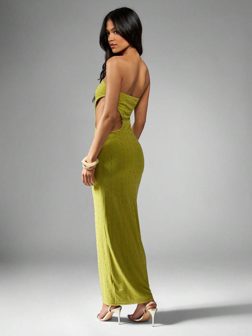 MISSGUIDED Hot Fix Rhinestone Strapless Gown Cut Out Side Design Bodycon Maxi Dress Prom Holiday Party Crystal Embellished Long Evening Special Occasion
