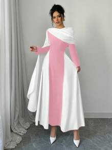 Rafferiza 女士圆领褶皱拼色连衣裙，袖子较大