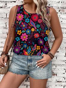 SHEIN LUNE Plus Size Tropical Floral & Parrot Print Vibrant Color Tank Top & Camisole, Suitable For Spring Summer Vacation, Great For Mother's Day
